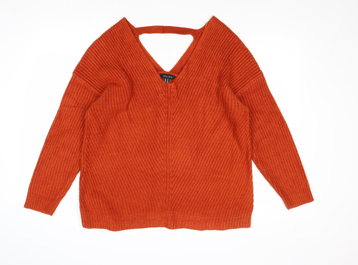 New Look Womens Orange V-Neck Acrylic Pullover Jumper Size M