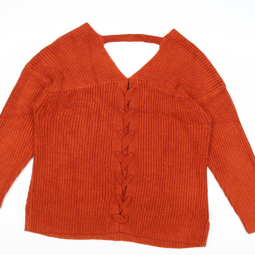 New Look Womens Orange V-Neck Acrylic Pullover Jumper Size M