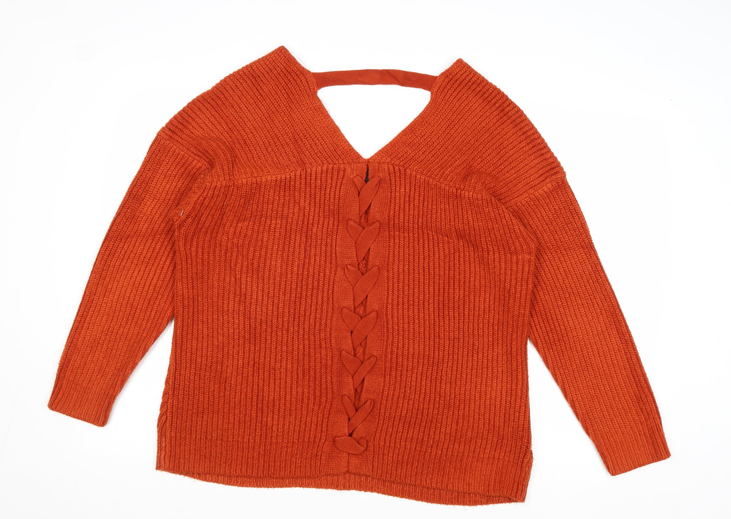 New Look Womens Orange V-Neck Acrylic Pullover Jumper Size M