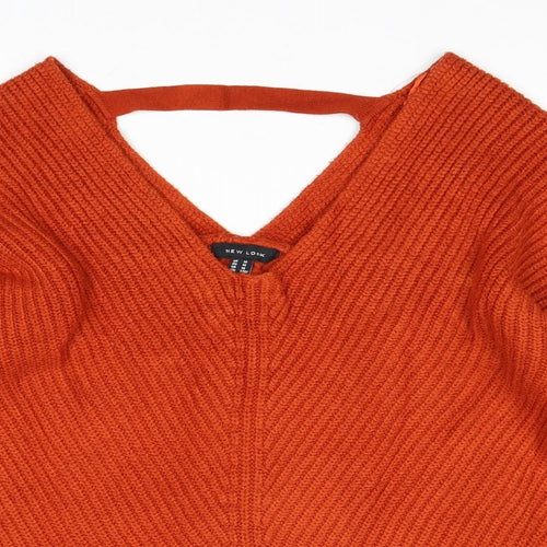New Look Womens Orange V-Neck Acrylic Pullover Jumper Size M