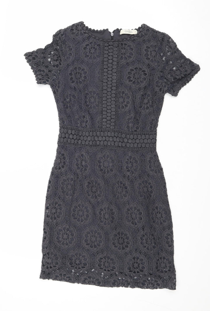 Oasis Womens Grey Geometric Cotton A-Line Size XS Round Neck Zip