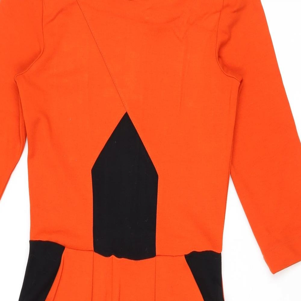 French Connection Womens Orange Colourblock Viscose A-Line Size 8 Round Neck Zip