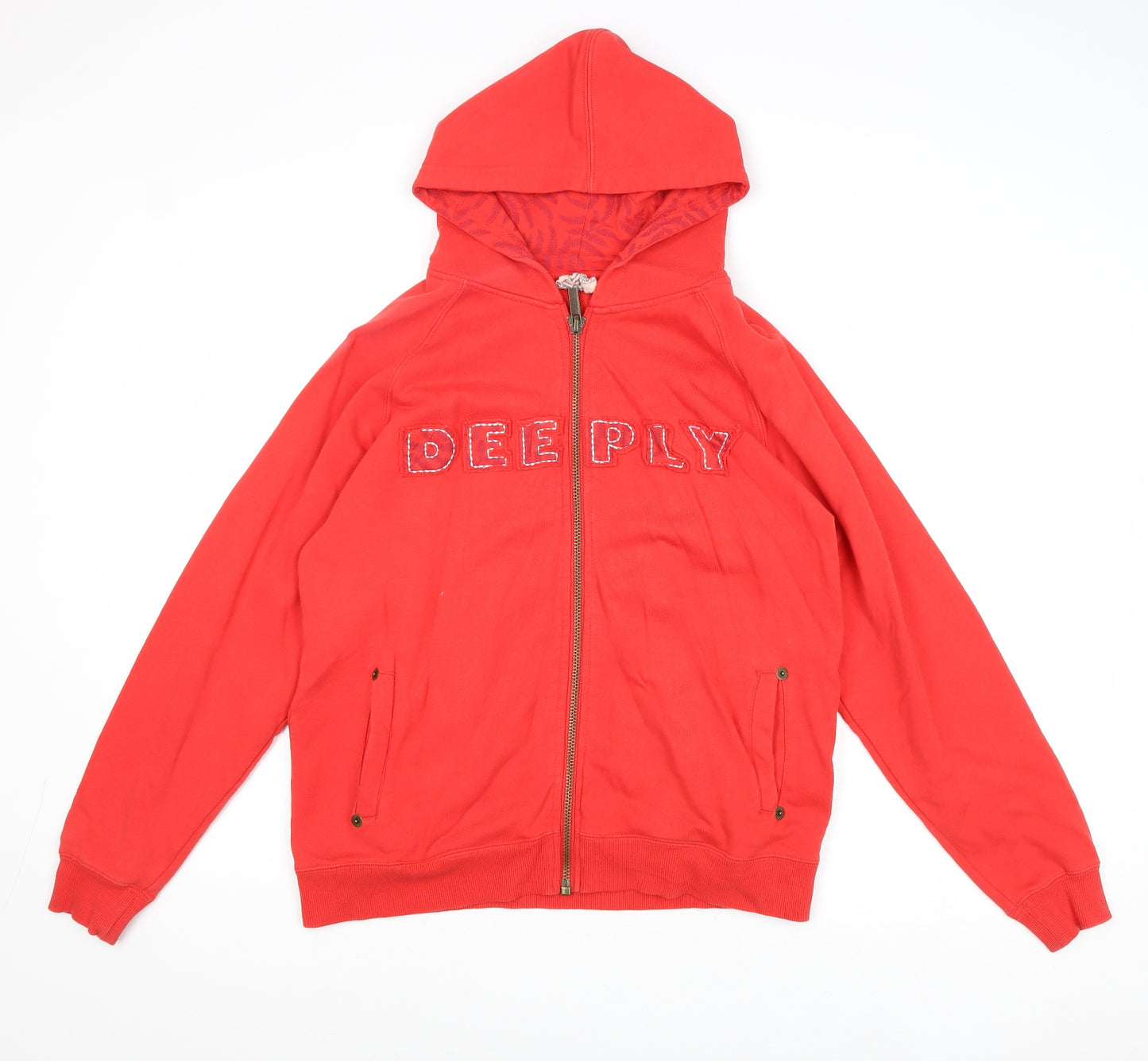 Deeply Womens Red Cotton Full Zip Hoodie Size 14 Zip