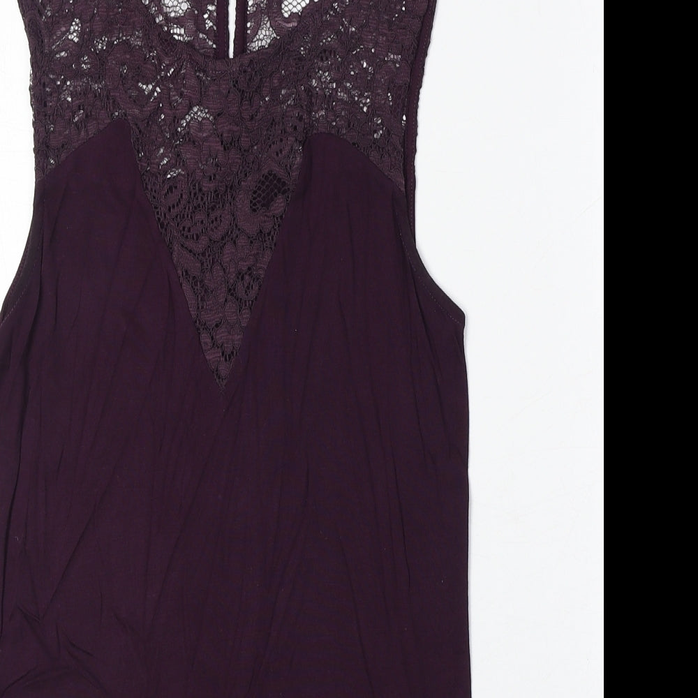 NEXT Womens Purple Viscose Basic Tank Size 8 Round Neck - Lace Detail