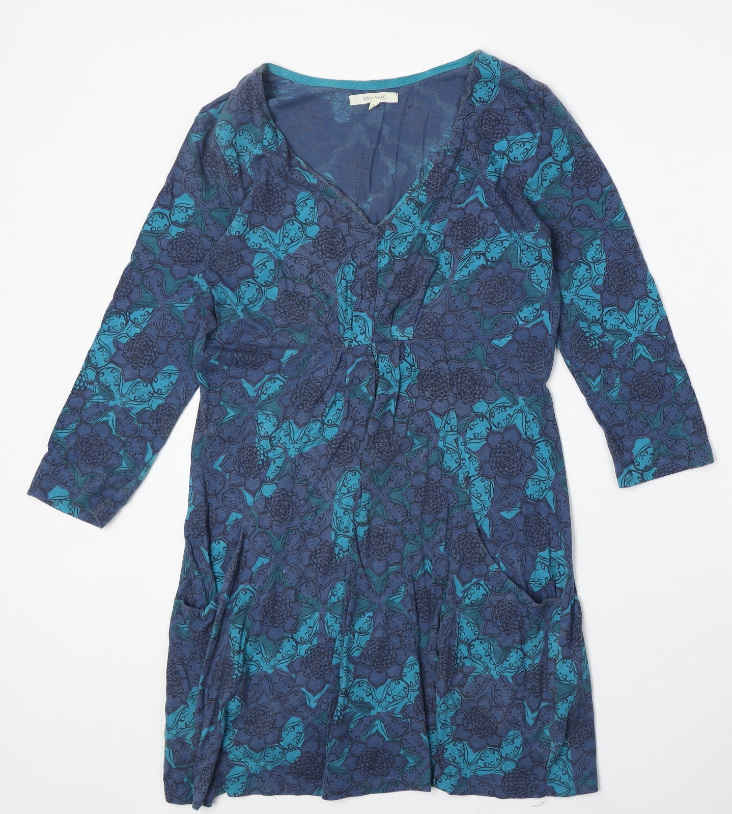 White Stuff Womens Blue Geometric 100% Cotton Trapeze & Swing Size 12 V-Neck Pullover
