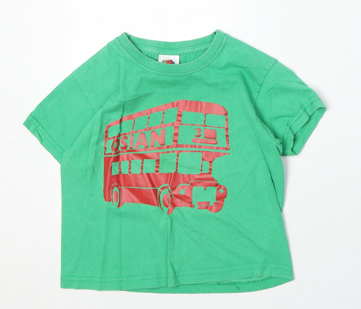 Fruit of the Loom Boys Green 100% Cotton Basic T-Shirt Size 3-4 Years Round Neck Pullover - Bus