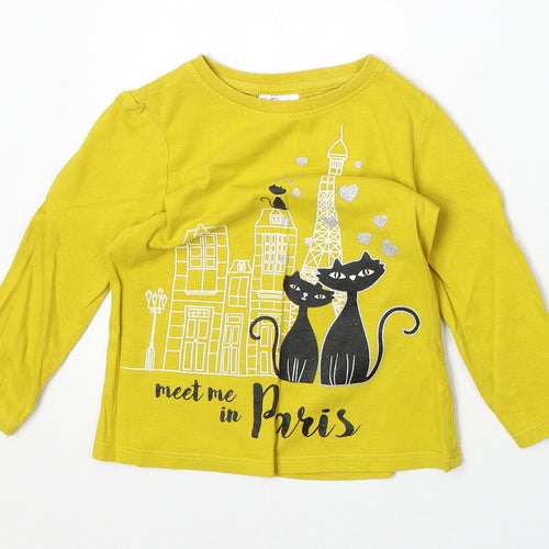 So Cute Girls Yellow 100% Cotton Pullover T-Shirt Size 2-3 Years Boat Neck Pullover - Paris Cats