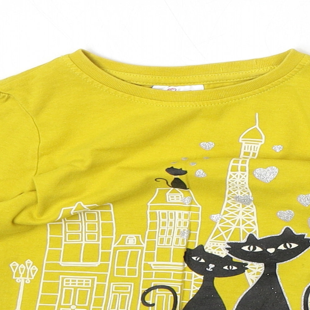 So Cute Girls Yellow 100% Cotton Pullover T-Shirt Size 2-3 Years Boat Neck Pullover - Paris Cats
