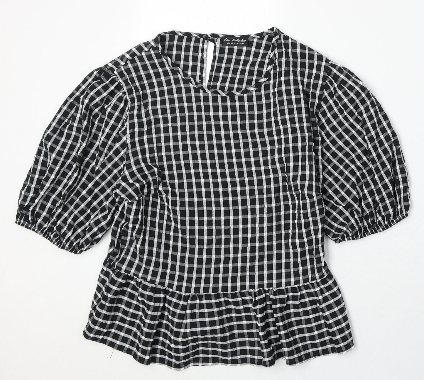 Miss Selfridge Womens Black Check Polyester Basic Blouse Size 12 Round Neck