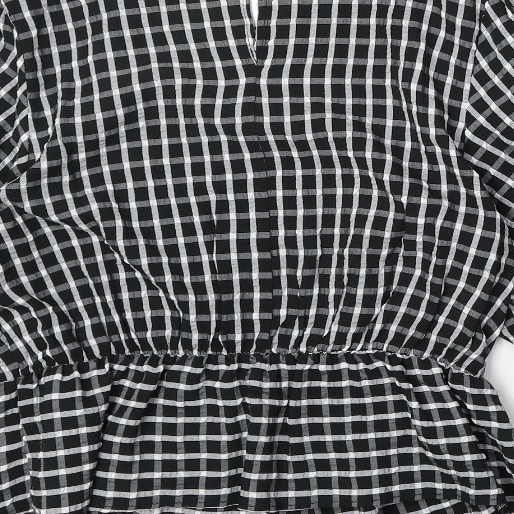 Miss Selfridge Womens Black Check Polyester Basic Blouse Size 12 Round Neck