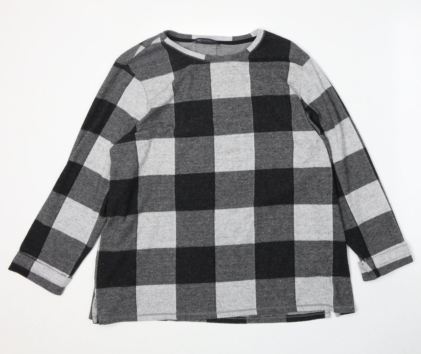 Marks and Spencer Womens Grey Round Neck Check Polyester Pullover Jumper Size 20
