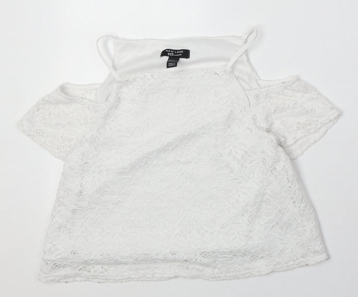 New Look Girls Ivory Nylon Pullover Blouse Size 12-13 Years Square Neck Pullover - Cold Shoulder