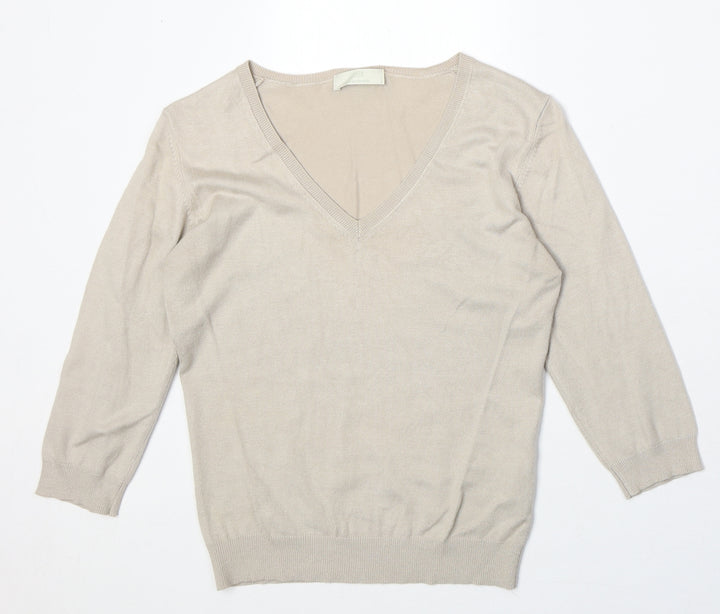 Marks and Spencer Womens Beige V-Neck Viscose Pullover Jumper Size 12