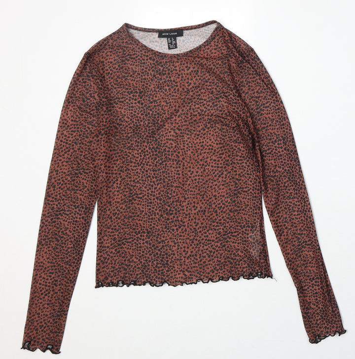 New Look Womens Brown Animal Print Polyester Basic T-Shirt Size 8 Round Neck - Cheetah Print