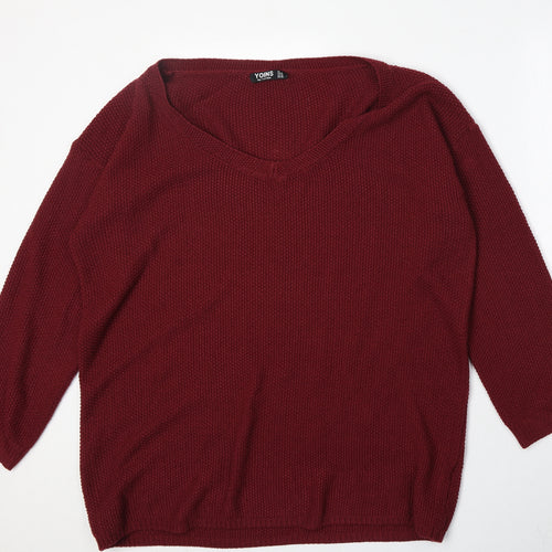 Yoins Womens Red V-Neck Acrylic Pullover Jumper Size XL