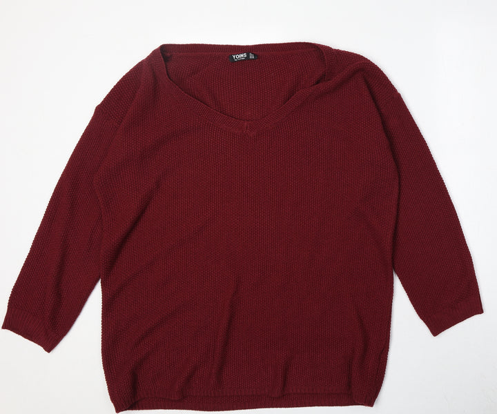 Yoins Womens Red V-Neck Acrylic Pullover Jumper Size XL