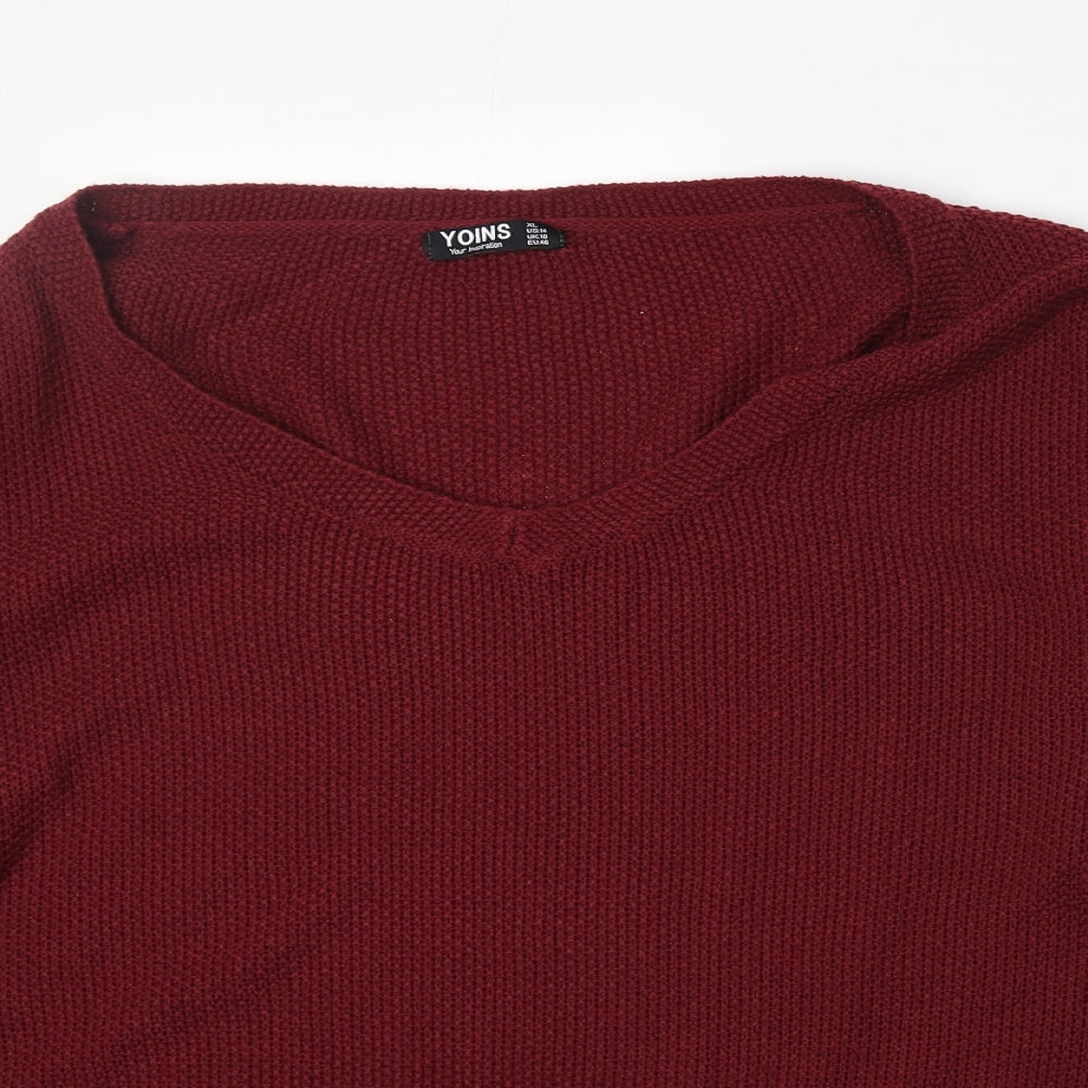 Yoins Womens Red V-Neck Acrylic Pullover Jumper Size XL