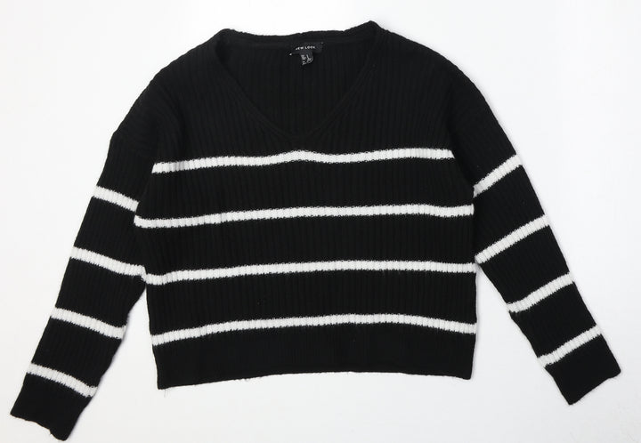 New Look Womens Black Scoop Neck Striped Acrylic Pullover Jumper Size S