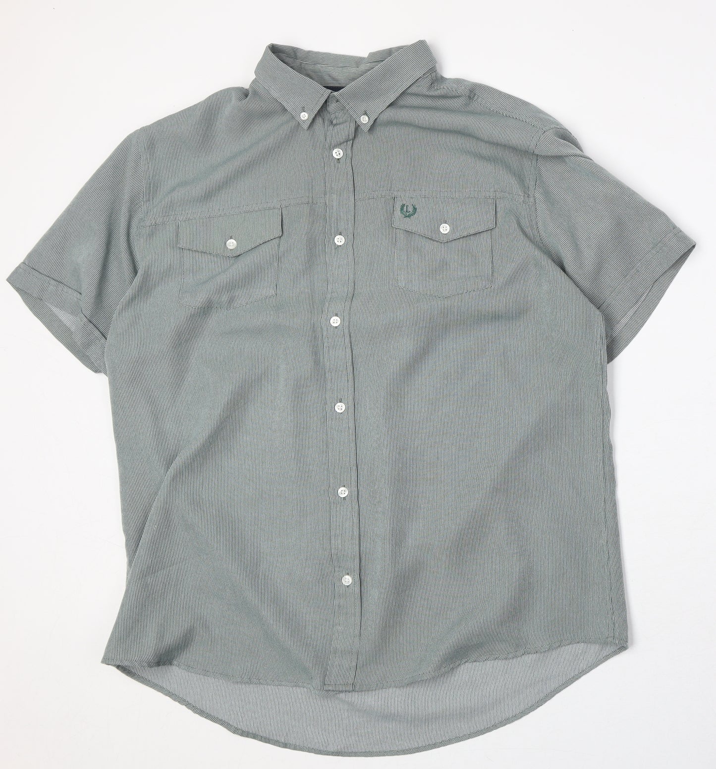Lincoln Mens Grey Striped Polyester Button-Up Size L Collared Button