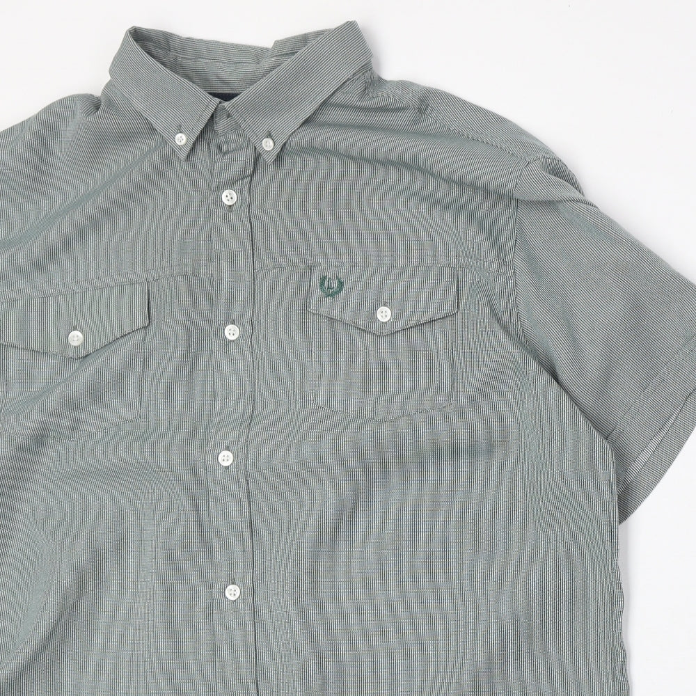 Lincoln Mens Grey Striped Polyester Button-Up Size L Collared Button