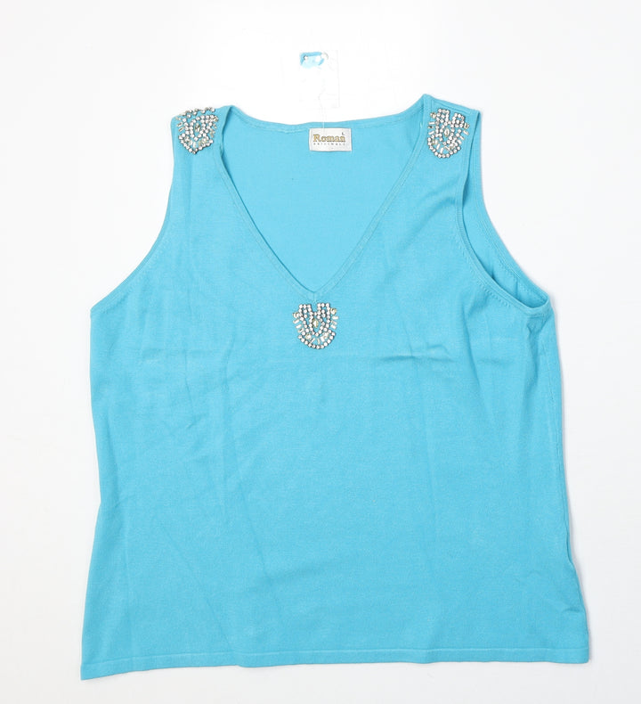 Roman Womens Blue Viscose Basic Tank Size L V-Neck