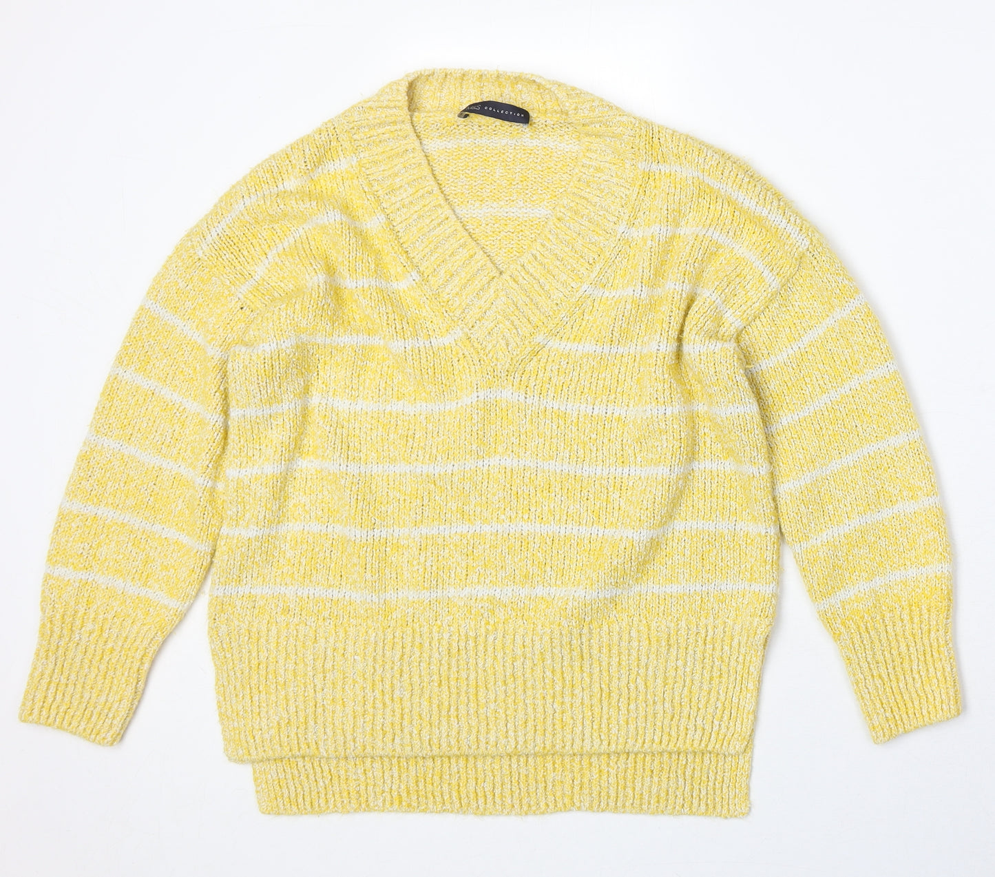 Marks and Spencer Womens Yellow V-Neck Striped Polyester Pullover Jumper Size M