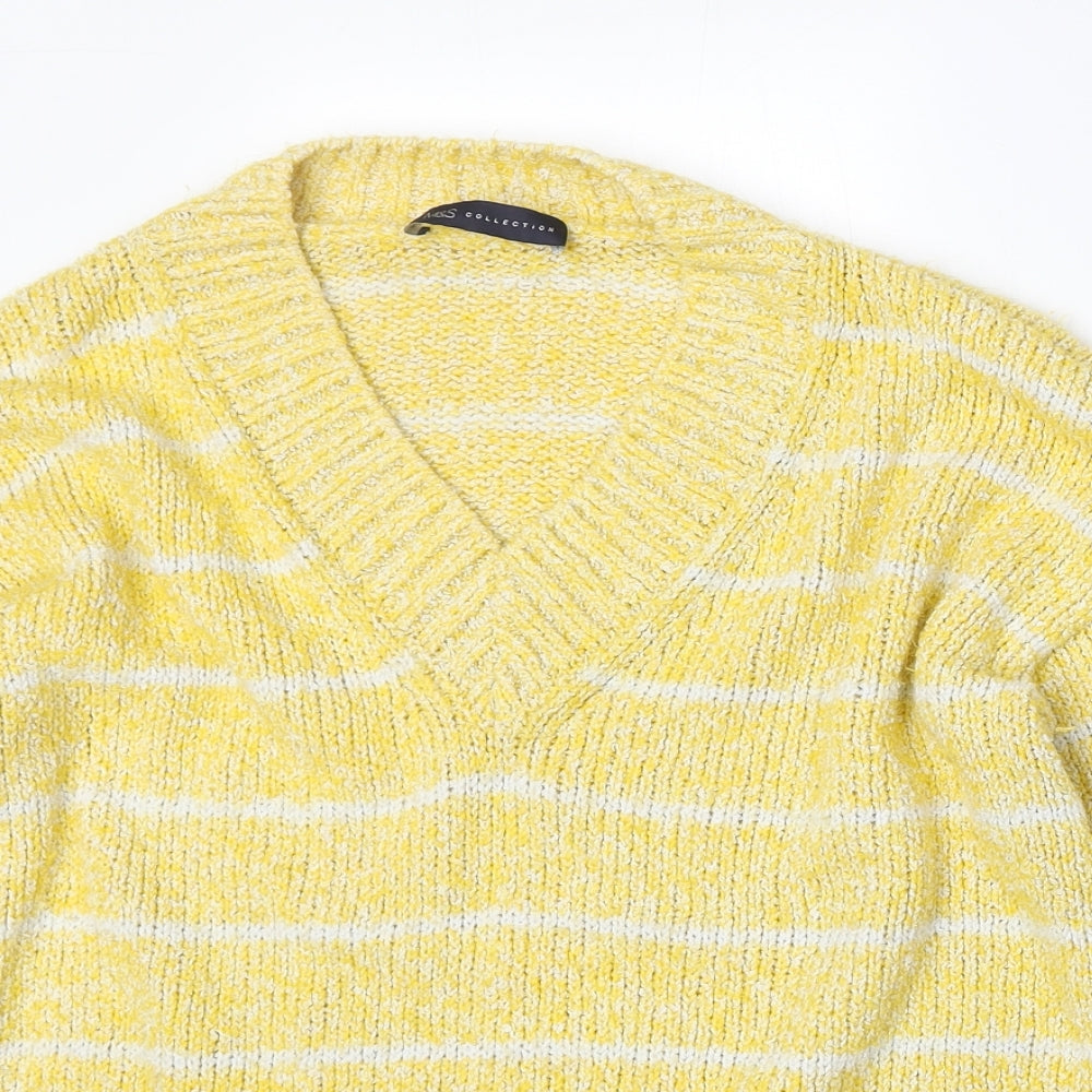 Marks and Spencer Womens Yellow V-Neck Striped Polyester Pullover Jumper Size M
