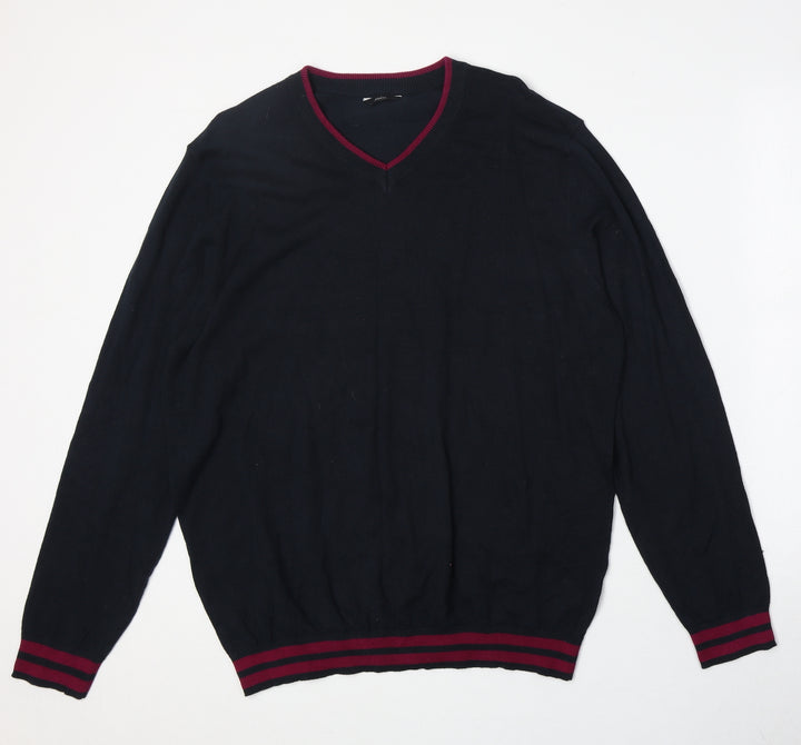 M&Co Womens Blue V-Neck Cotton Pullover Jumper Size L
