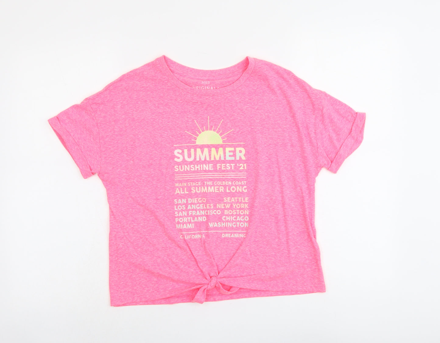 Marks and Spencer Girls Pink Polyester Basic T-Shirt Size 12-13 Years Round Neck Pullover - Summer