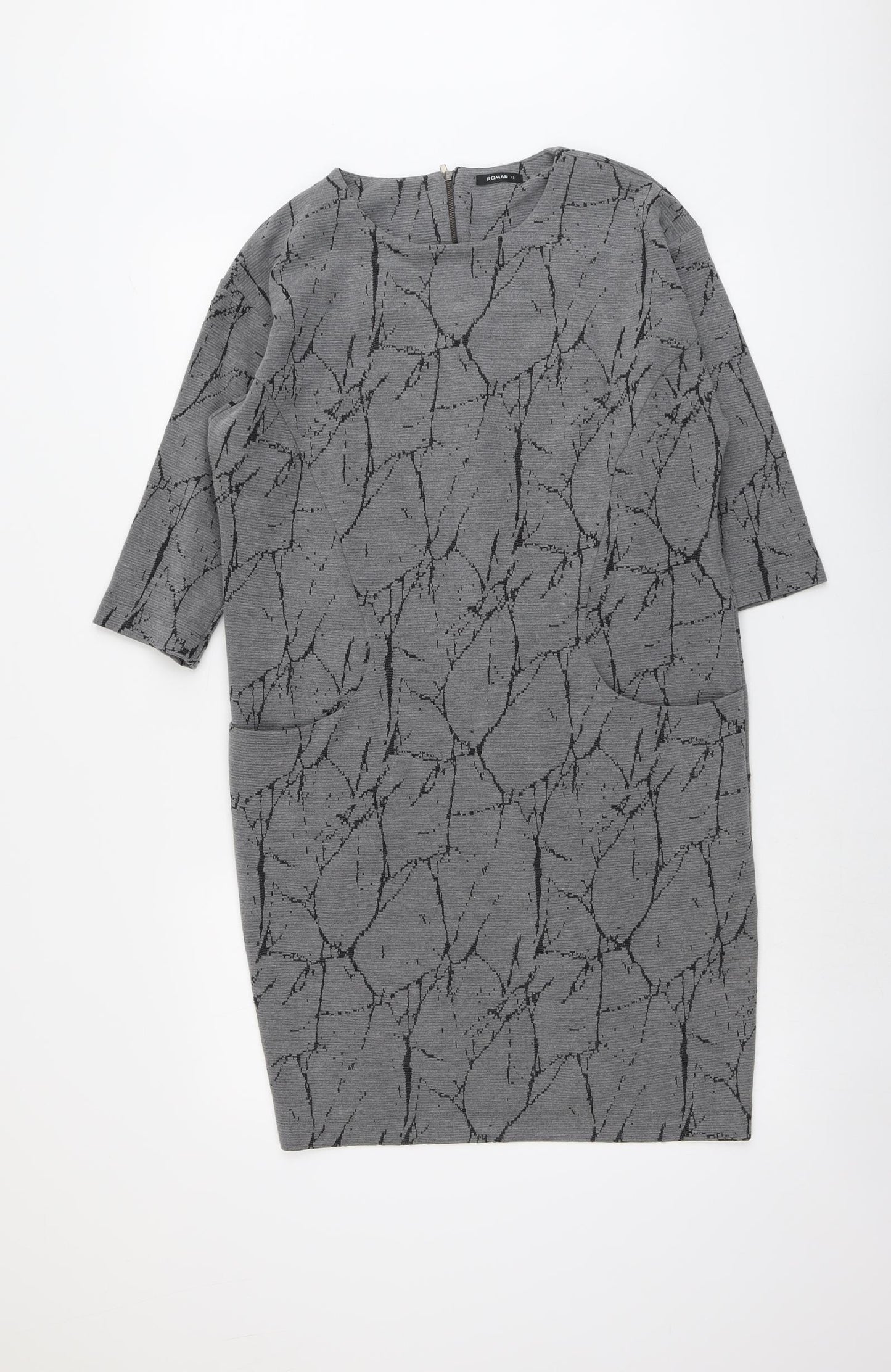 Roman Womens Grey Geometric Polyester A-Line Size 12 Round Neck Zip