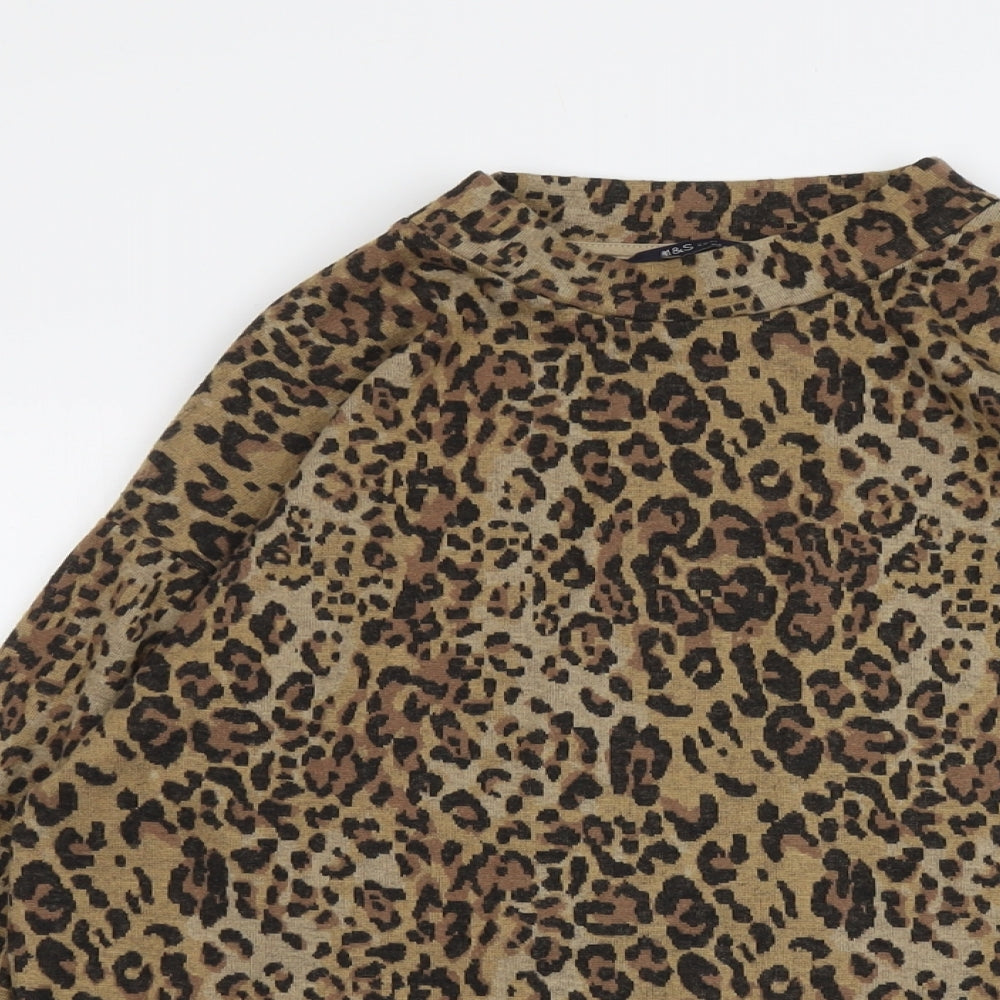 Marks and Spencer Womens Brown Round Neck Animal Print Polyester Pullover Jumper Size 12 - Leopard Pattern