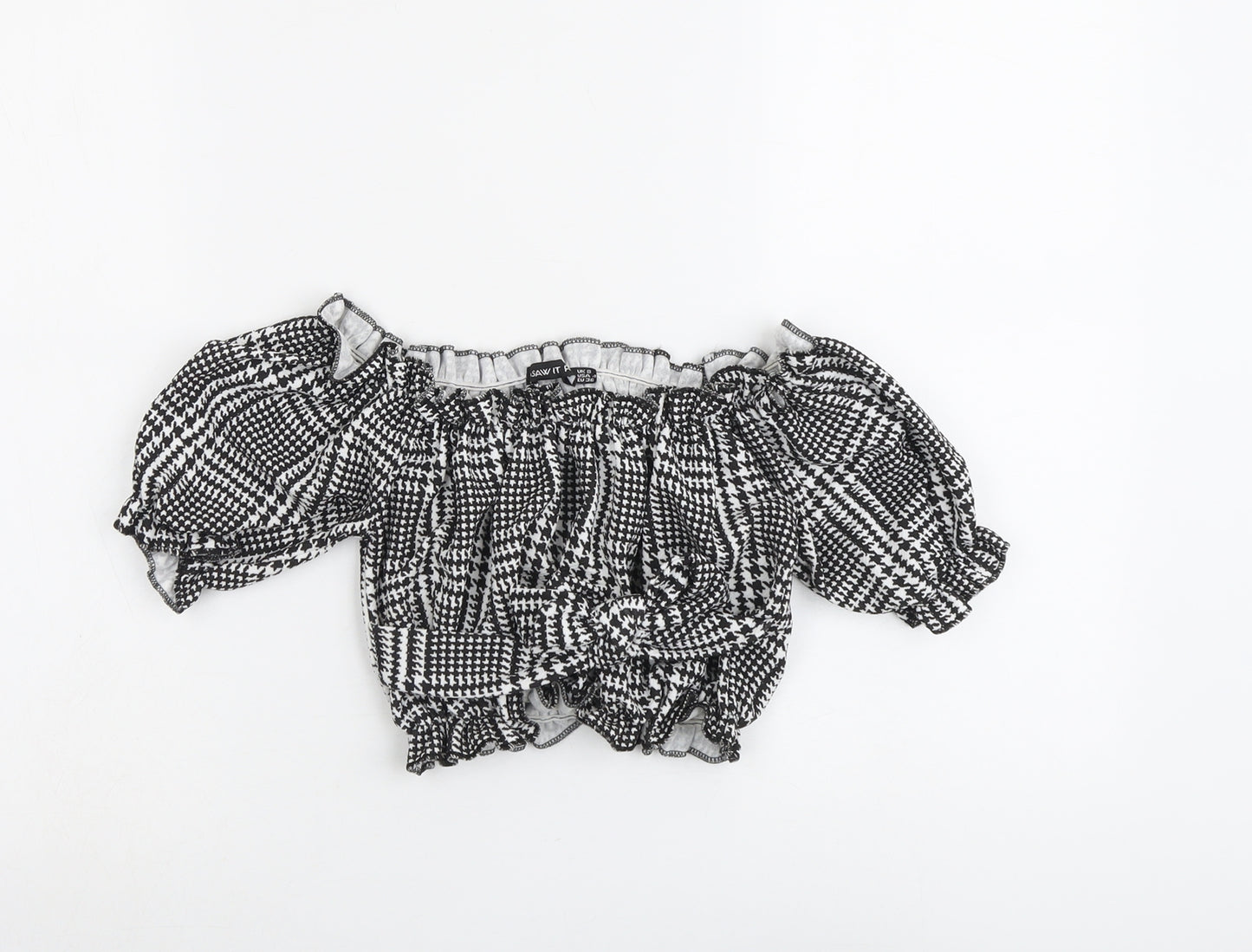 I SAW IT FIRST Womens Black Geometric Polyester Cropped Blouse Size 8 Off the Shoulder