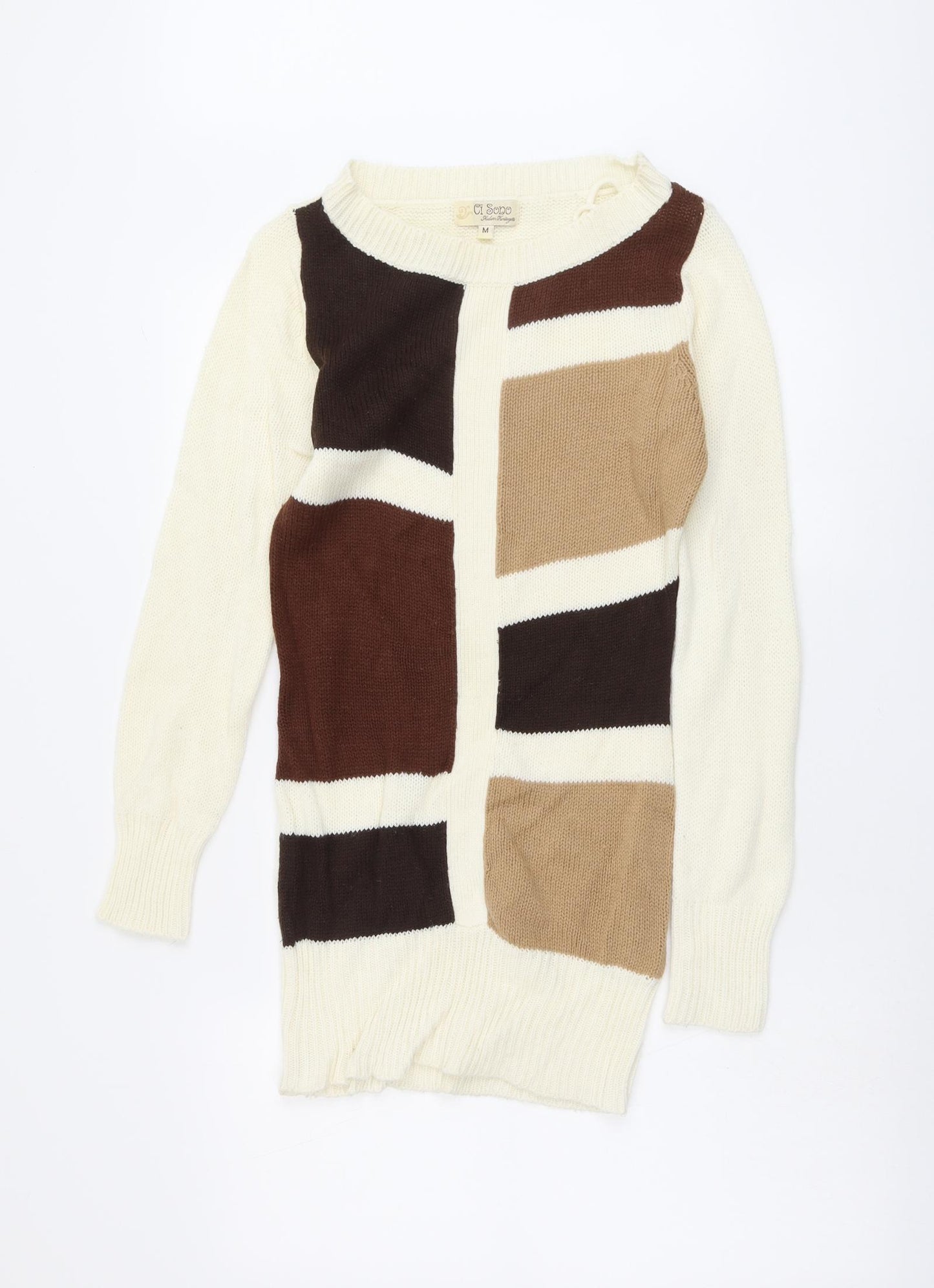 CI SONO Womens Beige Round Neck Geometric Acrylic Pullover Jumper Size M