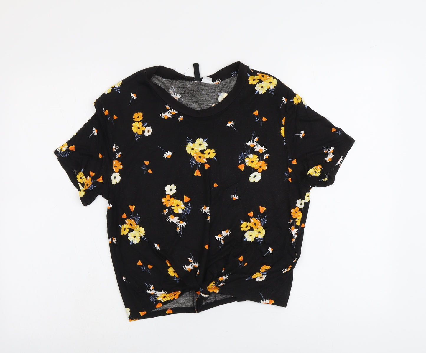 H&M Womens Black Floral Viscose Basic T-Shirt Size M Round Neck - Knot Front