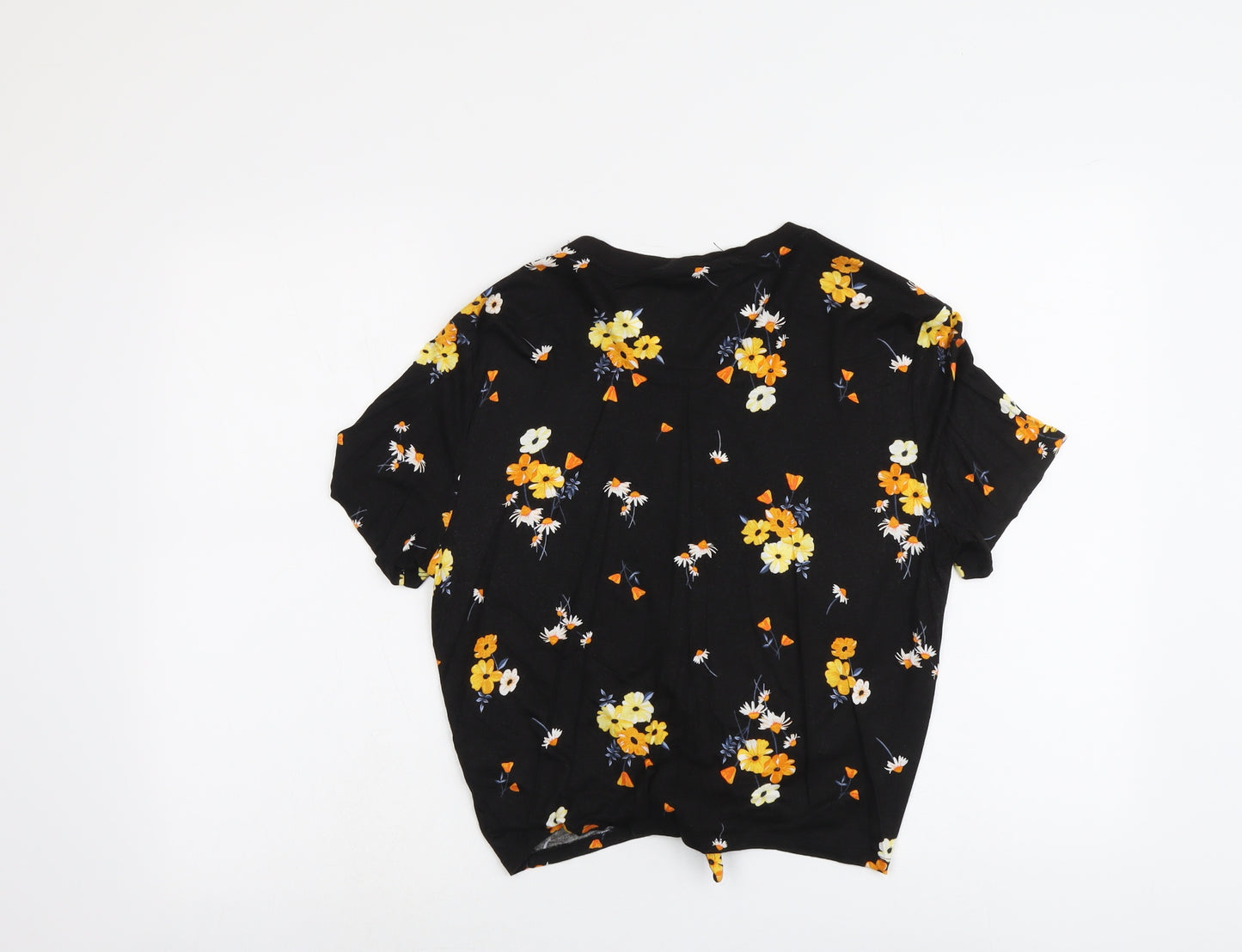 H&M Womens Black Floral Viscose Basic T-Shirt Size M Round Neck - Knot Front