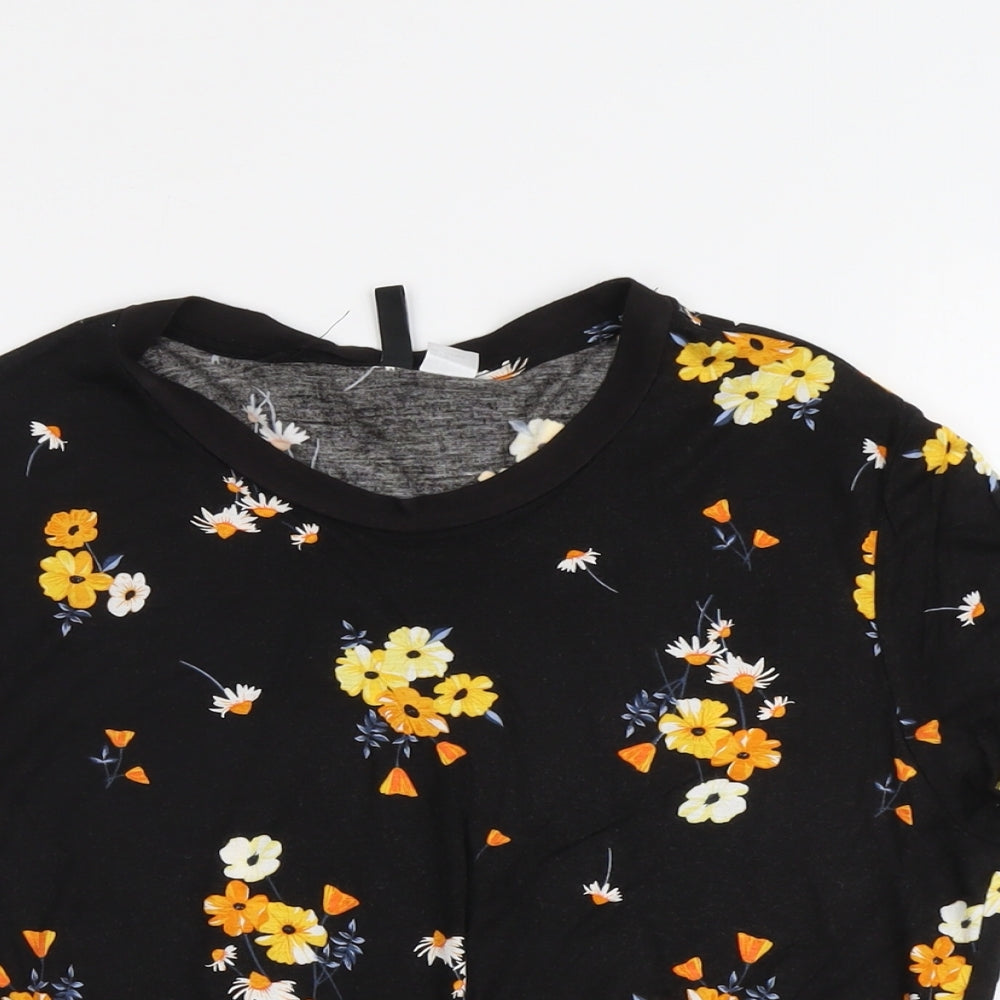 H&M Womens Black Floral Viscose Basic T-Shirt Size M Round Neck - Knot Front