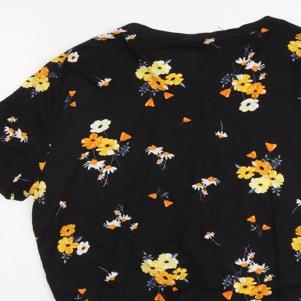 H&M Womens Black Floral Viscose Basic T-Shirt Size M Round Neck - Knot Front