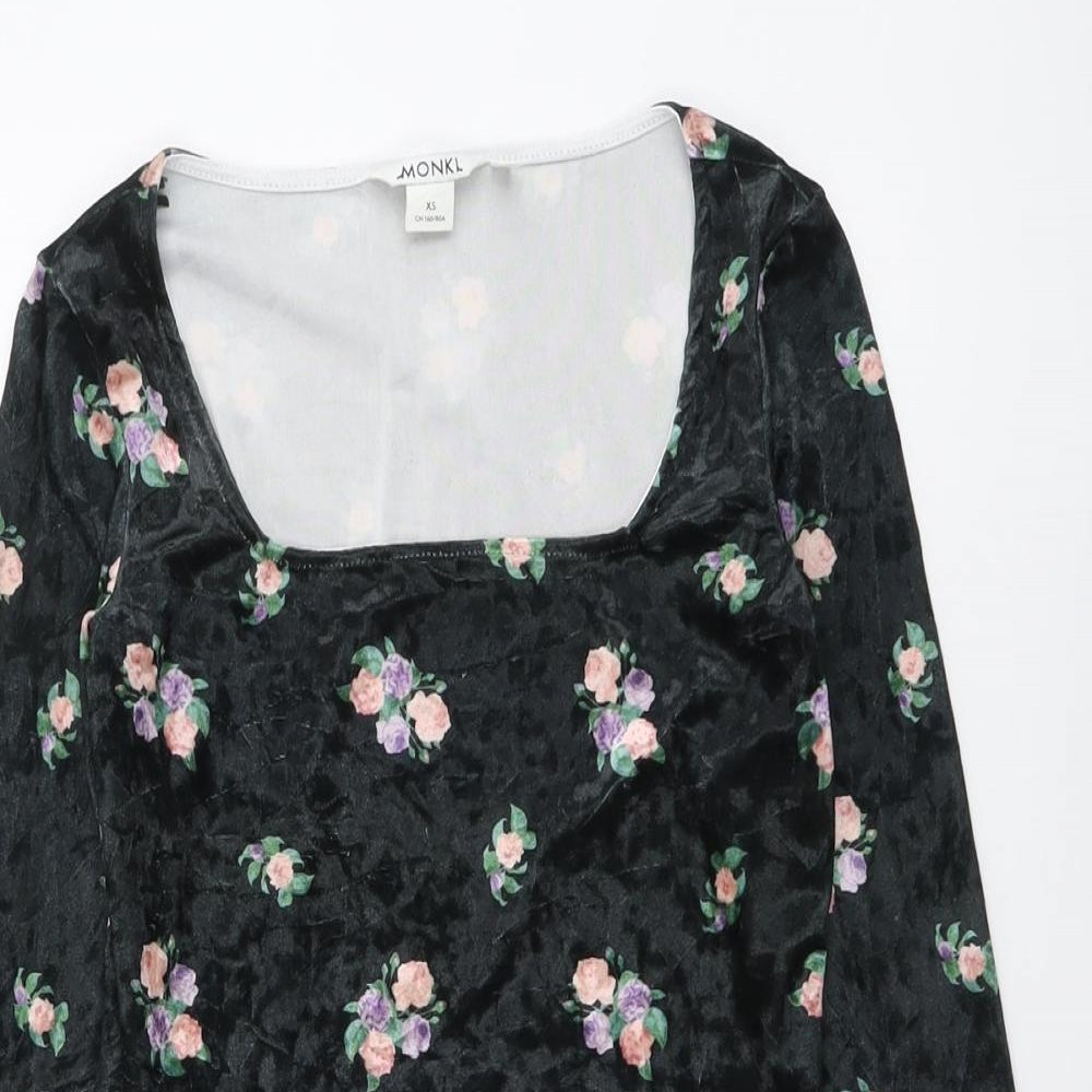 Monki Womens Green Floral Polyester Bodysuit One-Piece Size XS Snap
