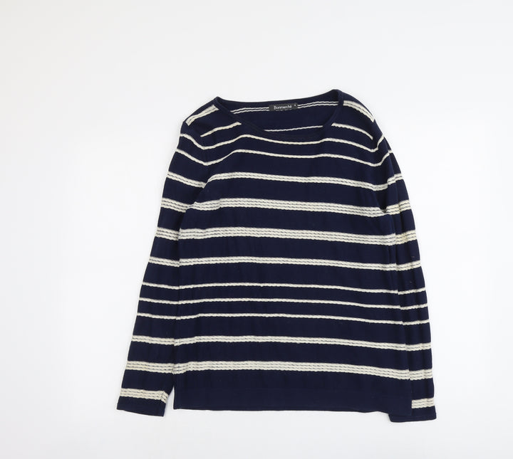 Bonmarché Womens Blue Round Neck Striped Cotton Pullover Jumper Size S
