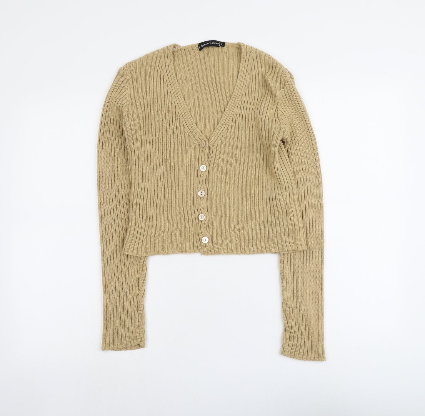 PRETTYLITTLETHING Womens Beige V-Neck Acrylic Cardigan Jumper Size S