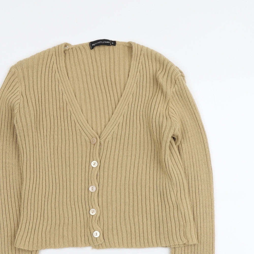 PRETTYLITTLETHING Womens Beige V-Neck Acrylic Cardigan Jumper Size S