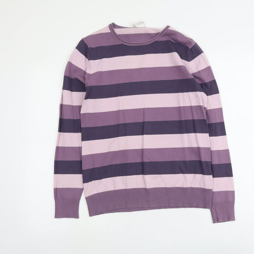 Biaggini Womens Purple Round Neck Striped Cotton Pullover Jumper Size M