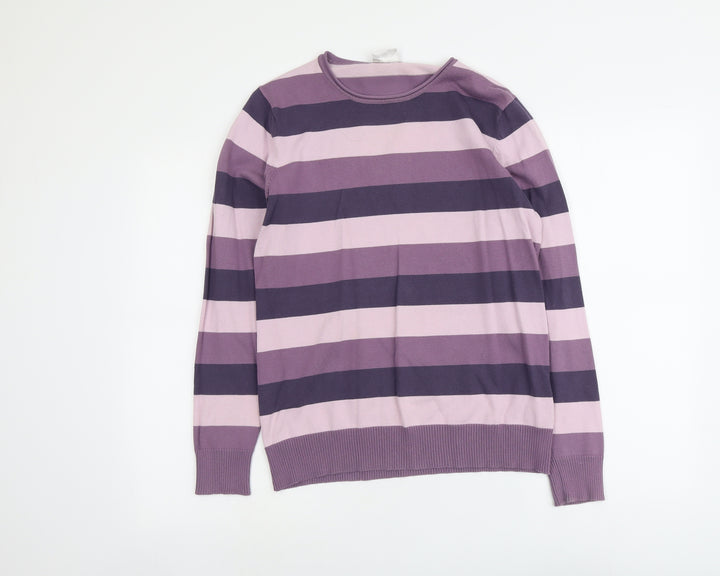 Biaggini Womens Purple Round Neck Striped Cotton Pullover Jumper Size M