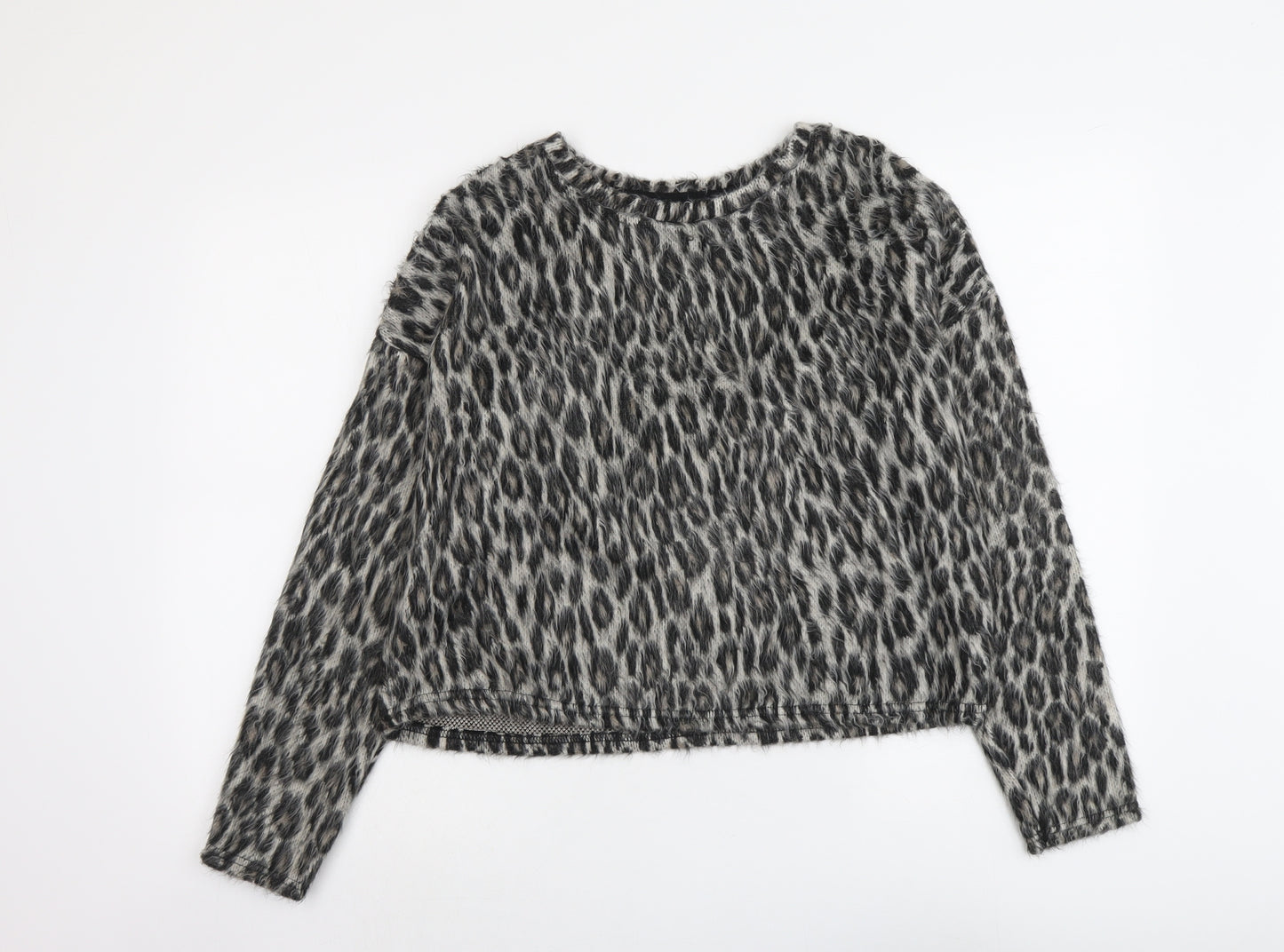New Look Womens Grey Round Neck Animal Print Acrylic Pullover Jumper Size M - Leopard Print