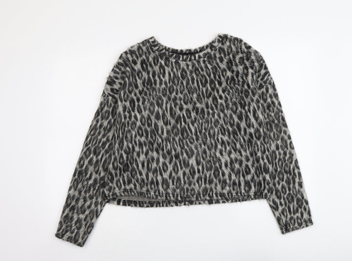 New Look Womens Grey Round Neck Animal Print Acrylic Pullover Jumper Size M - Leopard Print