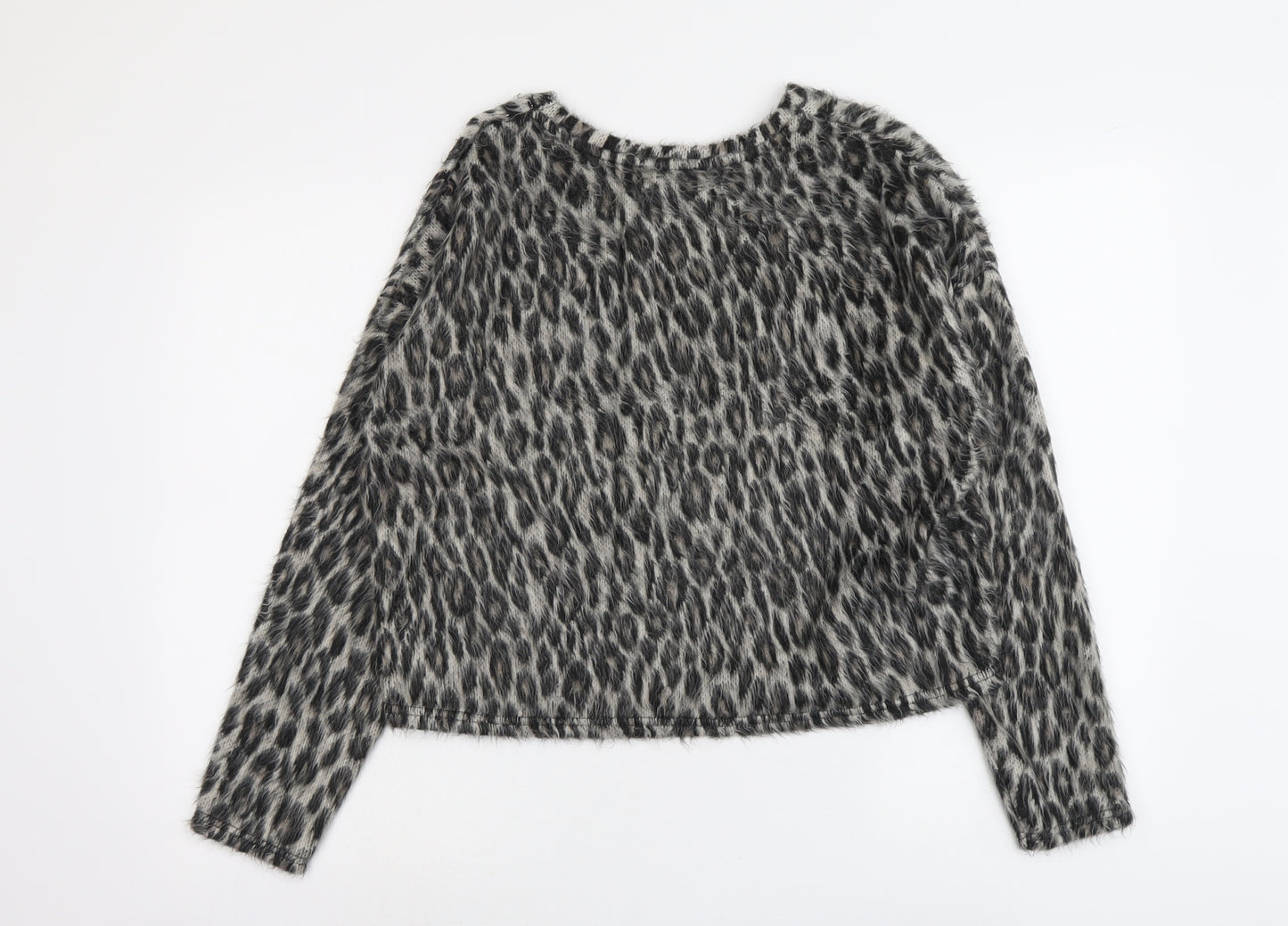 New Look Womens Grey Round Neck Animal Print Acrylic Pullover Jumper Size M - Leopard Print