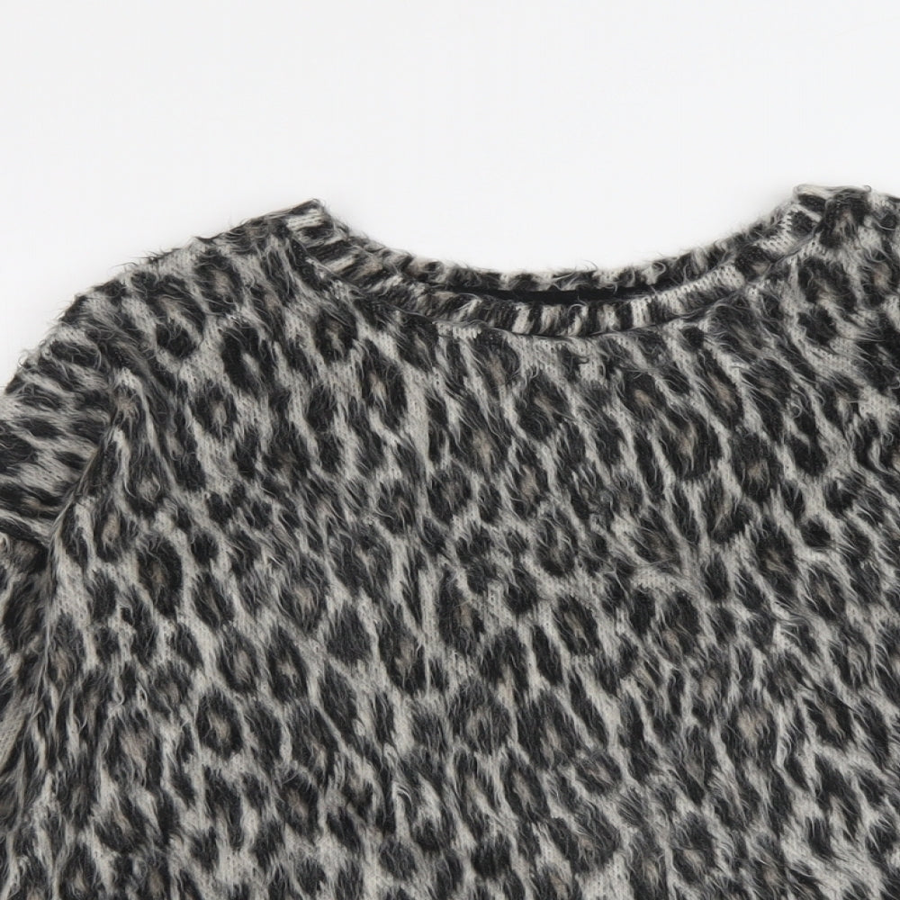 New Look Womens Grey Round Neck Animal Print Acrylic Pullover Jumper Size M - Leopard Print