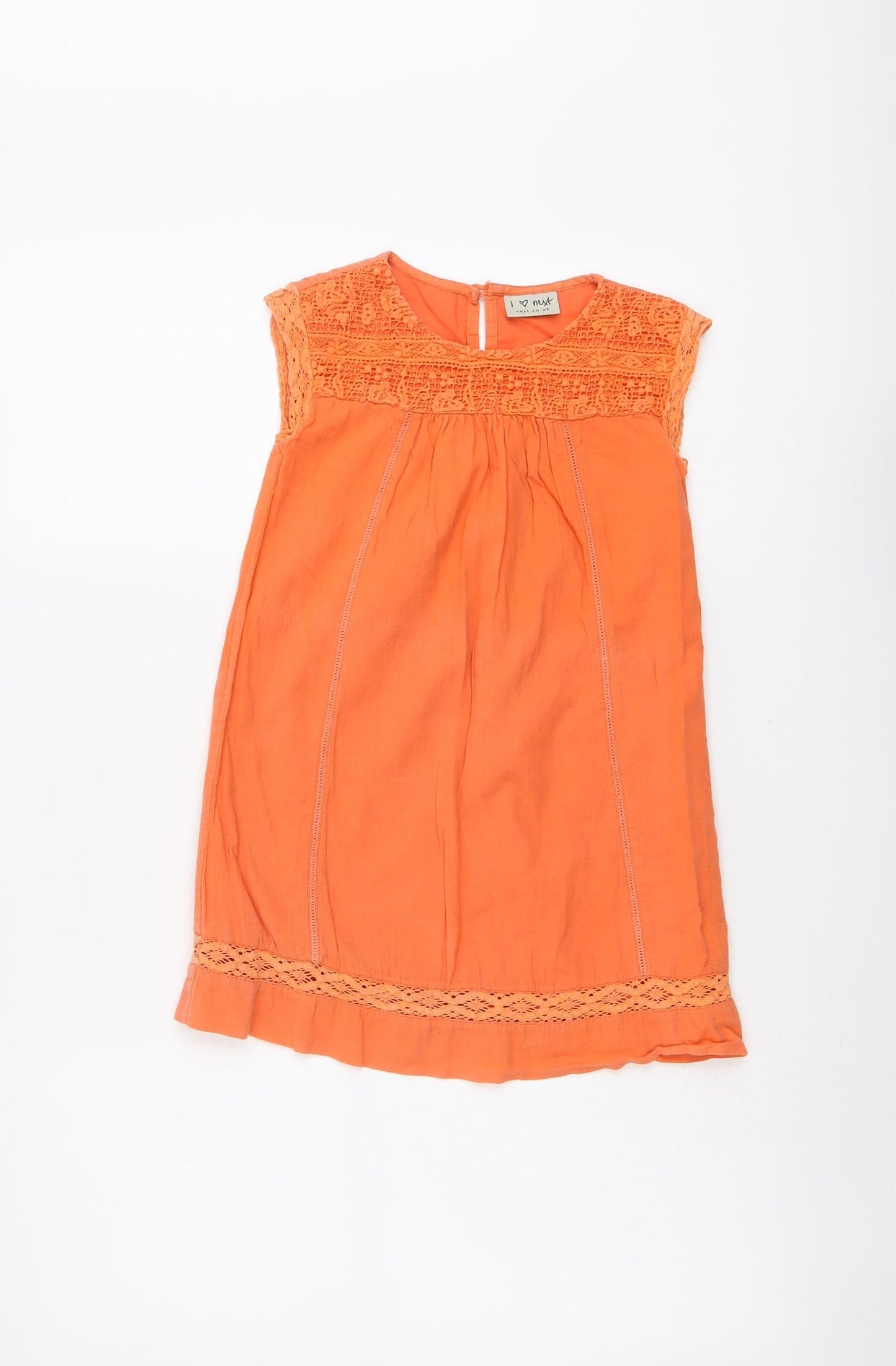 NEXT Girls Orange Cotton A-Line Size 5 Years Boat Neck Button - Crocheted Lace Detail
