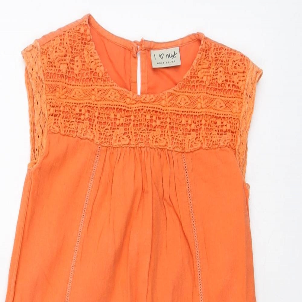 NEXT Girls Orange Cotton A-Line Size 5 Years Boat Neck Button - Crocheted Lace Detail