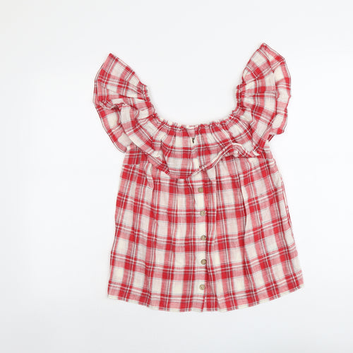 NEXT Womens Red Plaid Cotton Basic Blouse Size 10 Scoop Neck